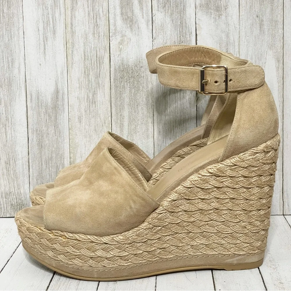 STUART WEITZMAN Sohojute Suede Ankle Strap Platform Espadrilles Wedge Sandals